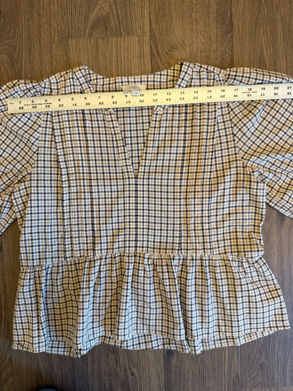 LOFT Outlet Plaid Cottagecore Peplum Top Brown Beige Long Sleeve Small 1139
